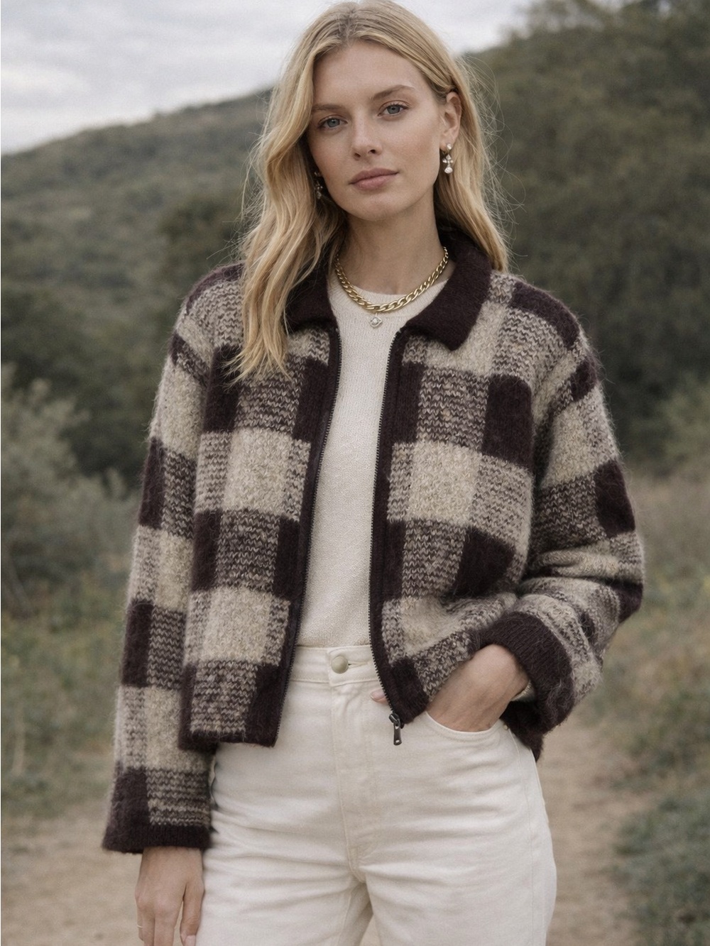 Vintage Paul Harris Mohair Check Zip Sweater Jacket Brown M
